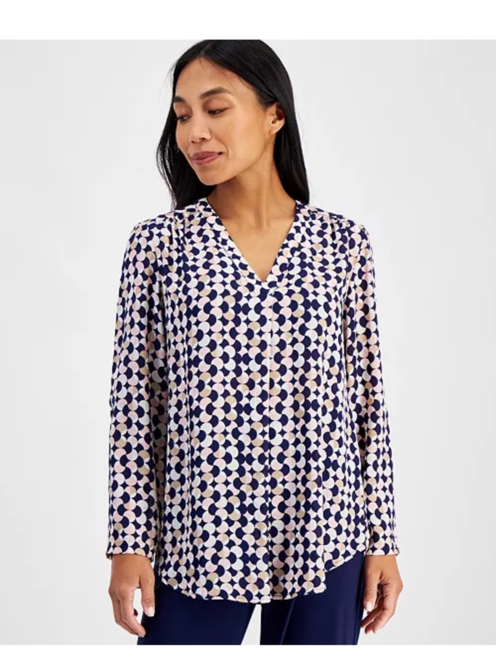 NWOT Anne Klein Navy and Cream Geo V-Neck Roll Tab - Long Sleeve Blouse Sz M